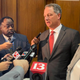 Indiana Republican House Speaker Todd Huston, left, and Republican Rep. Wendy McNamara, right, speak with reporters after the Indiana House approved a near-total abortion ban at the Statehouse in Indianapolis, Friday, Aug. 5, 2022. The legislation returns to the Senate to confer on the House changes. (AP Photo/Arleigh Rodgers)